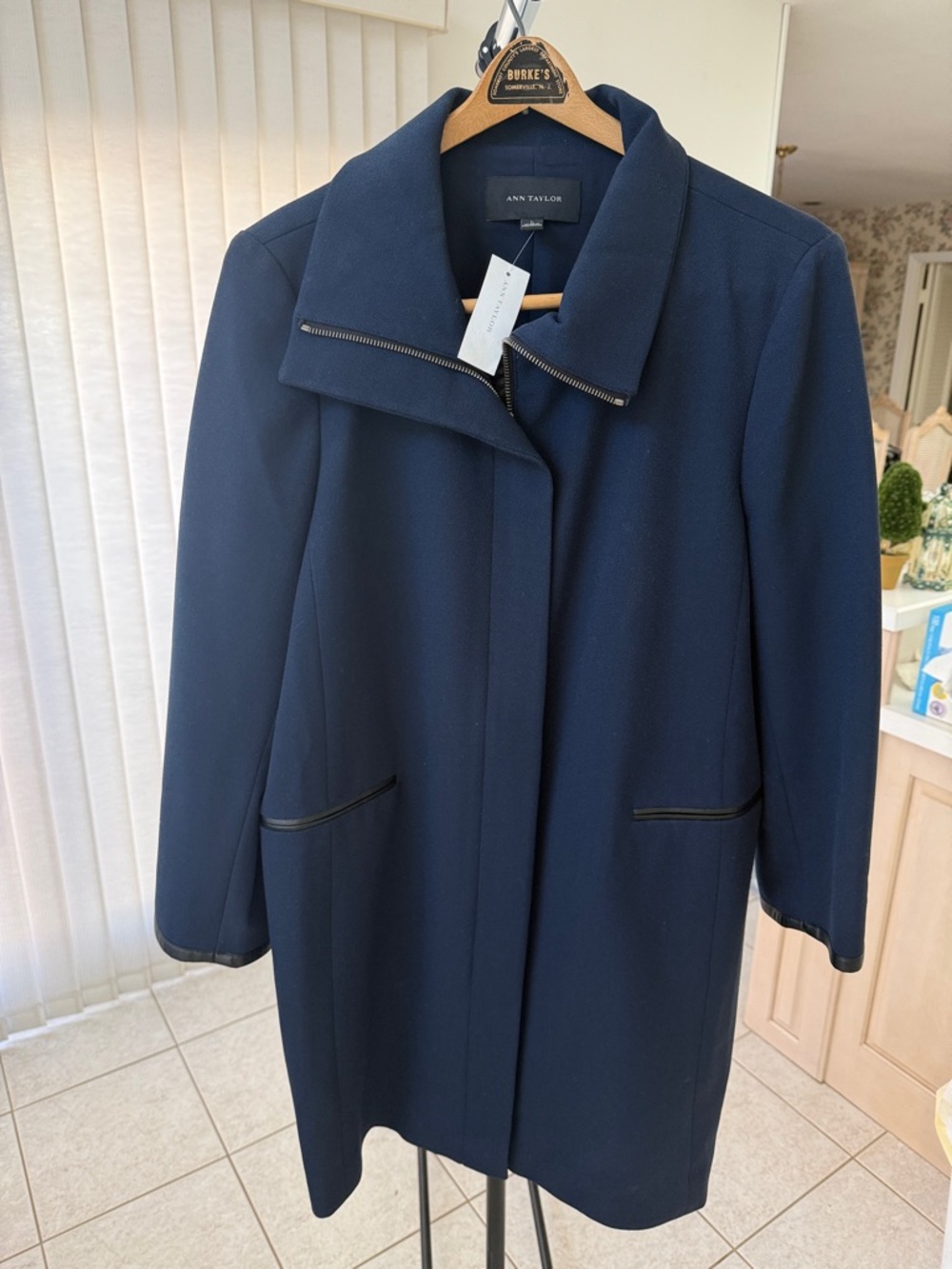 Ann Taylor Navy Zip-Trim Long Trench Coat